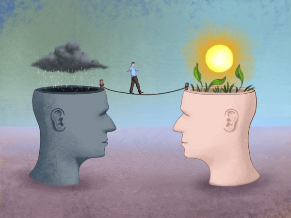 Illustration of man walking tightrope between two heads, one with dark cloud raining, one with sunlight and green plants; concept is changing negative thoughts to positive ones